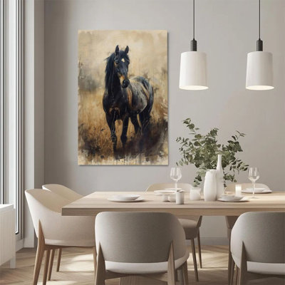 1Pc Framed Canvas Poster Print Black Horse, Prairie Wildness, Realistic Oil Painting Style Wall Art Decor, Perfect for Room Decor Living Room Bedroom