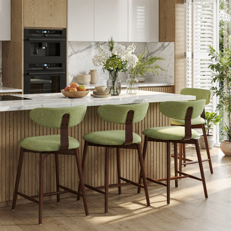 Tabouret de bar pivotant rembourré en mélange de coton avec dossier incurvé, Vert