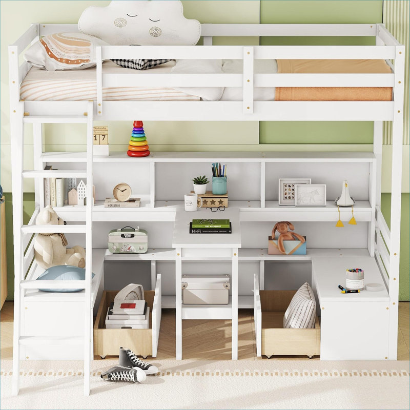 Lit mezzanine simple pour petite chambre avec tiroirs et tablettes intégrés pour siège de bureau en pin massif blanc, Blanc