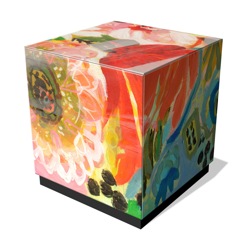 Floral Art Glass Lamp Table with Black Base