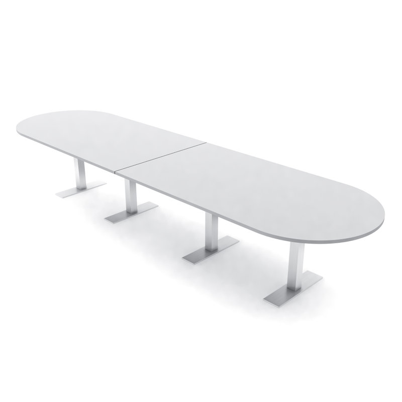 Table de conférence en forme de piste de course avec base en T en métal, L 168 po x l 48 po, Blanc classique, Argent argent