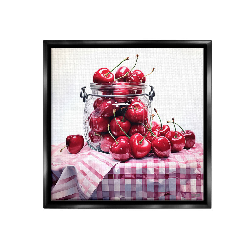 "Cherries In Country Jar" par RB sur toile, H 25 po x l 25 po, Cadre flottant noir de jais