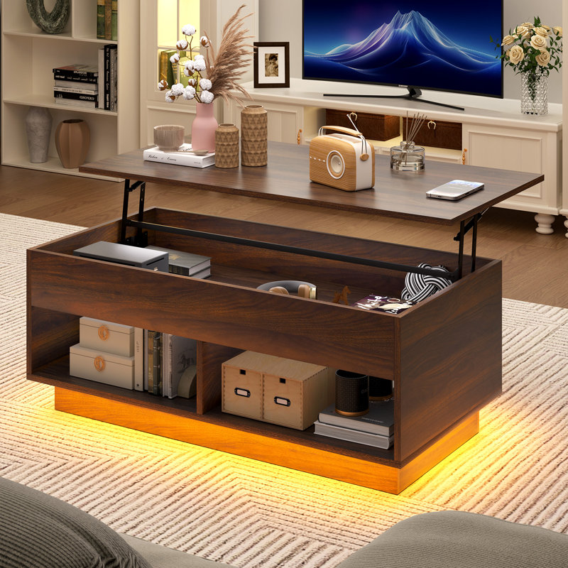 Table basse à plateau relevable Chappa avec bande lumineuse à DEL RVB, compartiment caché et tablette ouverte, Noyer