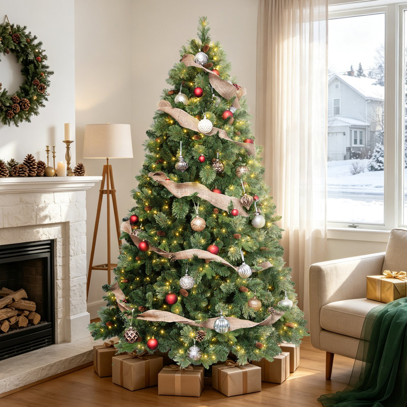Arbre de Noël artificiel en flocons pré-éclairé avec pomme de pin, 8' H