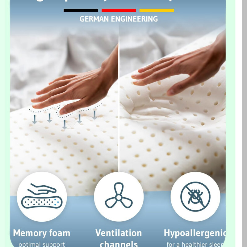 QuickDry Memory Foam Neck Pillow - Ergonomic Cervical Pillow for Neck and Back Pain Relief, Anti Snore Sleep Aid - Designed in Germany with Thermic Pillowcase