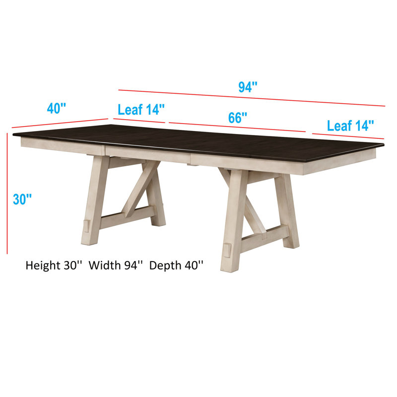 Table de salle à manger à finition gris craie avec base à tréteaux et feuilles de style campagnard à rallonge