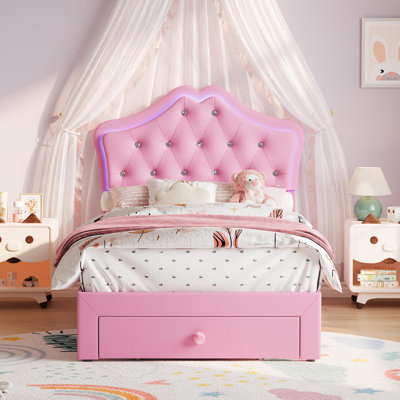 Twin Size Bed Frame with LED Lights & Velvet Crystal Button Headboard, Upholstered Princess/Girl Platform Bed with Storage Drawer, Noise Free, No Box Spring Needed for Kids, Teens, Pink