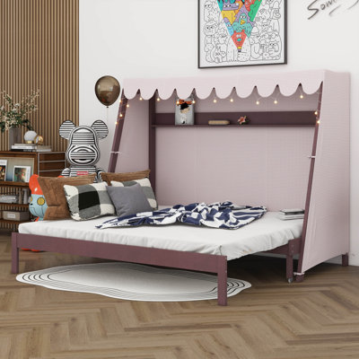 Wood House Bed With Twin XL Trundle, Storage Shelf, Tent And Light For Bedrrom