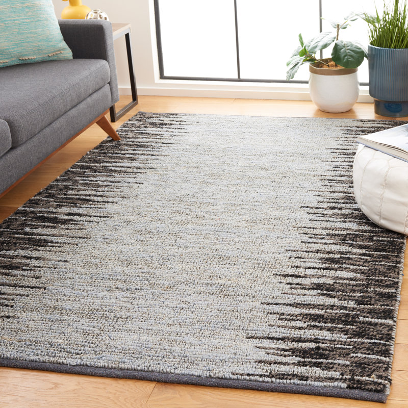 Simeko Natural Fiber Hand Woven Jute/Wool Abstract Rug in Light Blue/Black, Rectangle 5' x 8'
