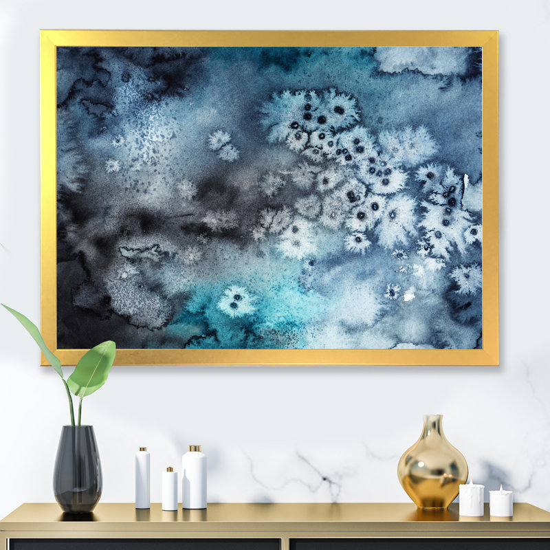 Marbre foncé bleu art ondulations - décoration murale moderne en toile, H 30 po x l 40 po x P 1,5 po, Cadre doré
