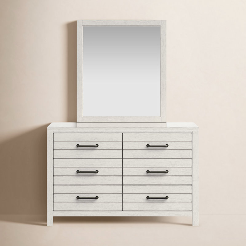 Commode double 6 tiroirs en bois massif avec miroir Montague, Aspect pavé blanc