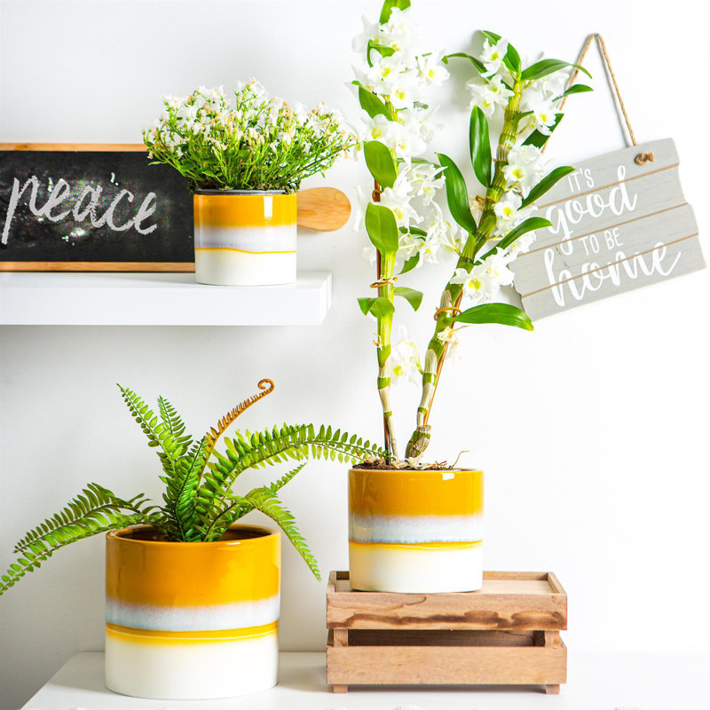 Nicola Spring - Reactive Glaze Plant Pots, Yellow, 15.5cm H x 18cm W x 18cm D