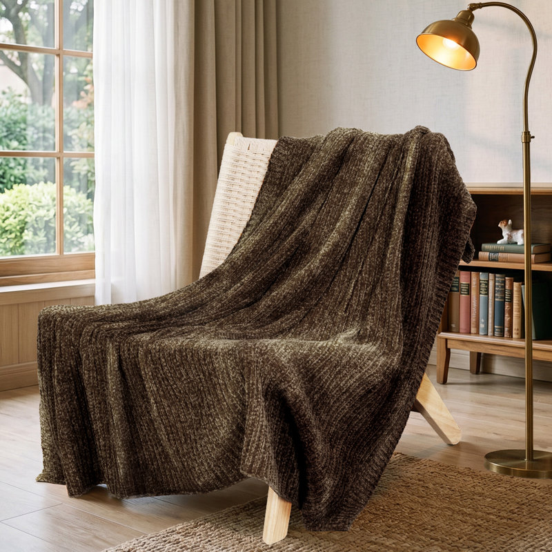 Soft Plush Lightweight Reversible Chenille Knitted Throw Blanket, Chocolate Brown