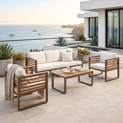 Abdel Outdoor 5 - Person Acacia Patio Conversation Set with Removable Cushion, Brown Metal and Wood