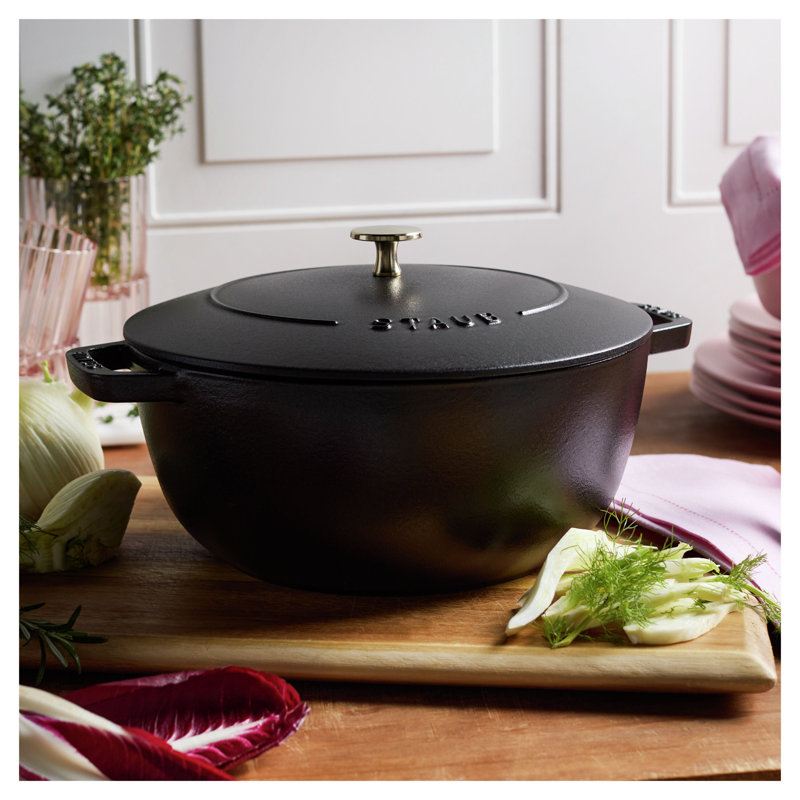 Staub Cast Iron Round Cocotte, Dutch Oven, 5.5-Quart, Serves 5-6, Made In France, Peony Pink, Matte Black