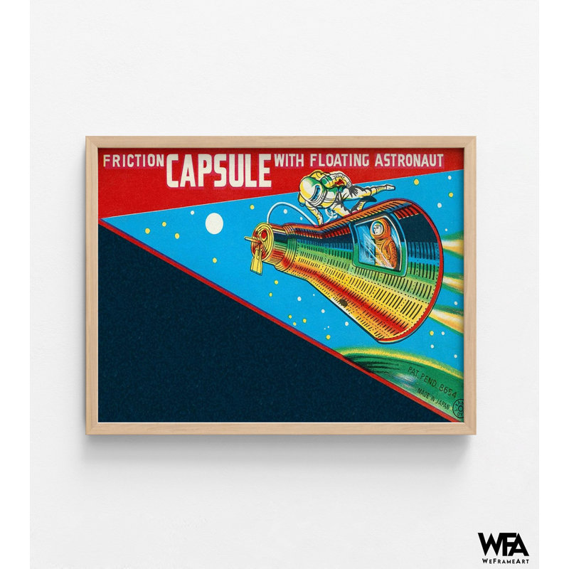 Friction capsule avec astronaute flottant par Retrorocket, décor de salle de jeu rétro amusant, affiche amusante, lune rétro