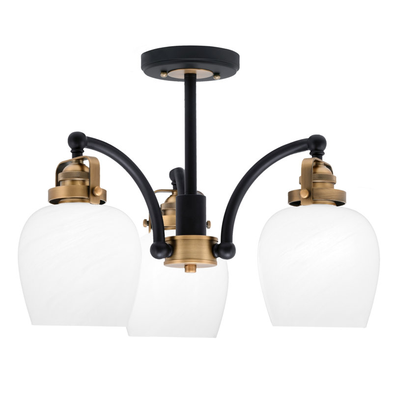 Plafonnier semi-encastré 3 lumières Easton, Verre marbré blanc, Blanc / nickel brossé