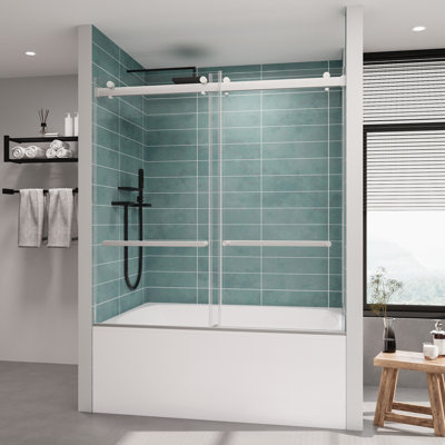 ROOMTEC Frameless Bathtub Shower Doors 56-60 W x 60 H, Double Sliding Tub Shower Door with Tempered