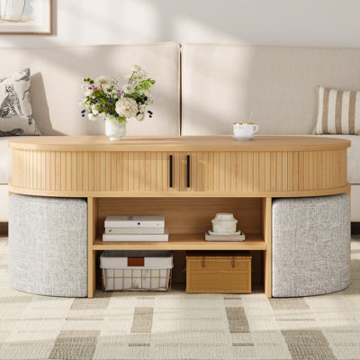 U-Can Multi-Functional Oval Coffee Table with Storage & 4 Fabric Stools