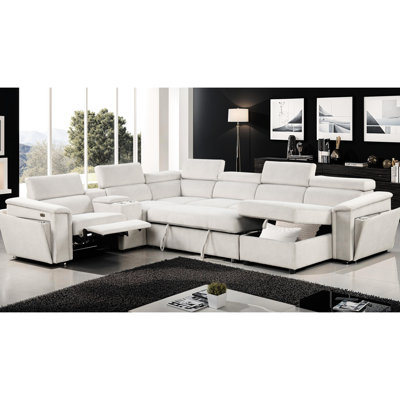 Canapé-lit modulaire inclinable électrique de style moderne beige avec appuis-tête réglables, méridienne de rangement et compartiments à accoudoirs dissimulés, revêtement, structure en bois, 6 sièges, en forme de L, dossier amovible, rembourrage en mousse à mémoire de forme
