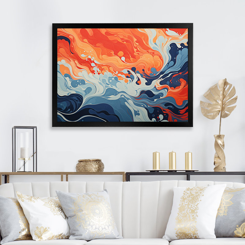 Encre liquide bleue et orange «Waves I» - art mural abstrait à encre liquide, Cadre d'angle fermé noir