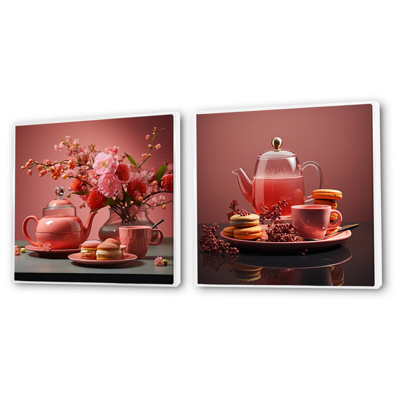 Après-midi Affair Pink Tea - Ensemble de 2 collages carrés café et thé, Cadre flottant blanc, H 36 po x l 73 po