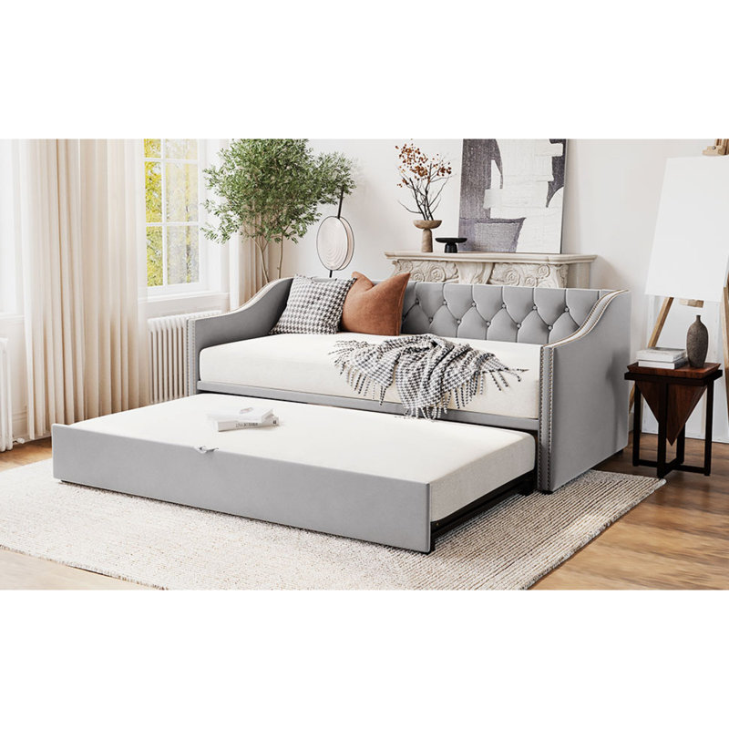Lit de jour simple tapissier avec couchette escamotable, gris, Gris