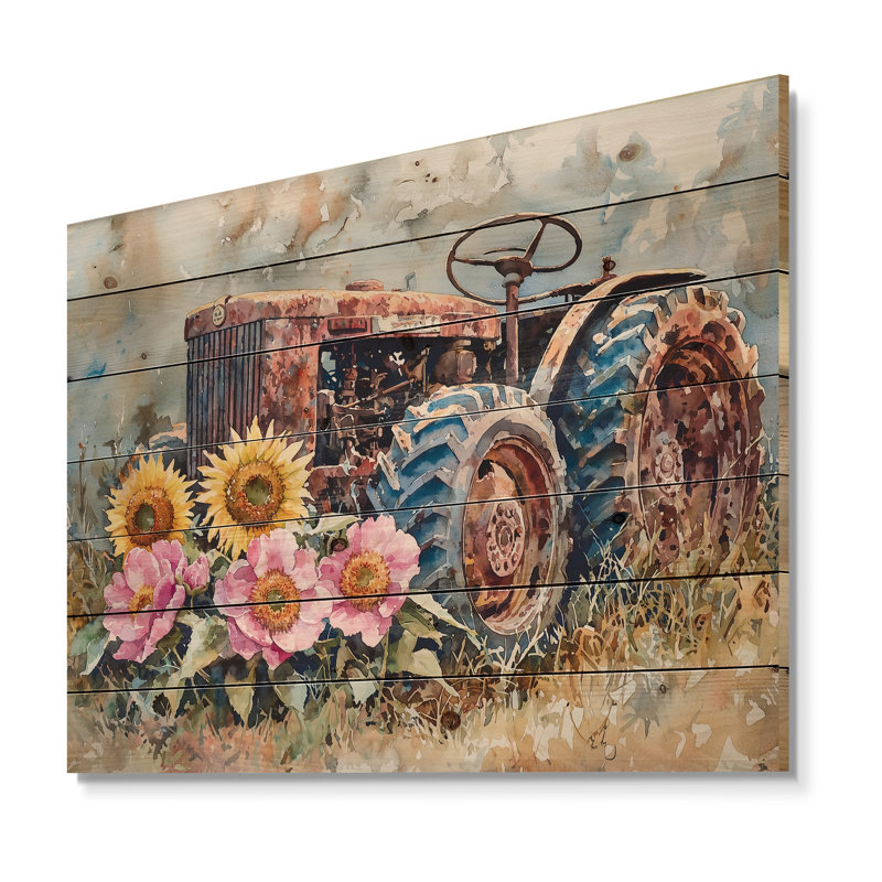 Tournesols par le vieux tracteur II - Art mural en bois de ferme - sur bois de pin naturel, H 24 po x l 32 po x P 0,78 po