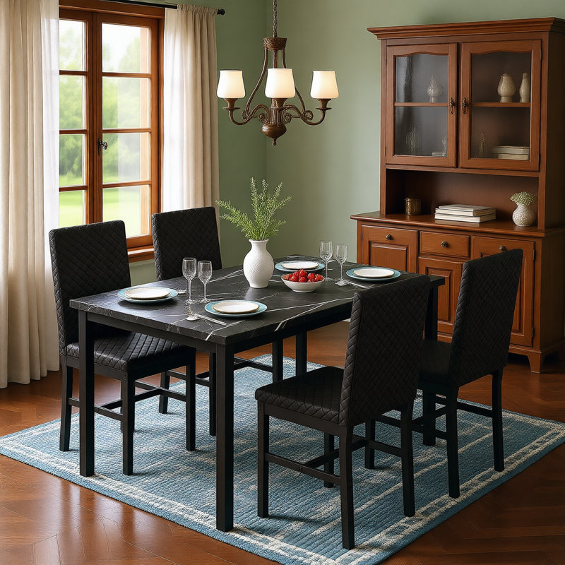 Ensemble de table de salle à manger 5 pièces en faux marbre avec 4 chaises, Noir, Noir