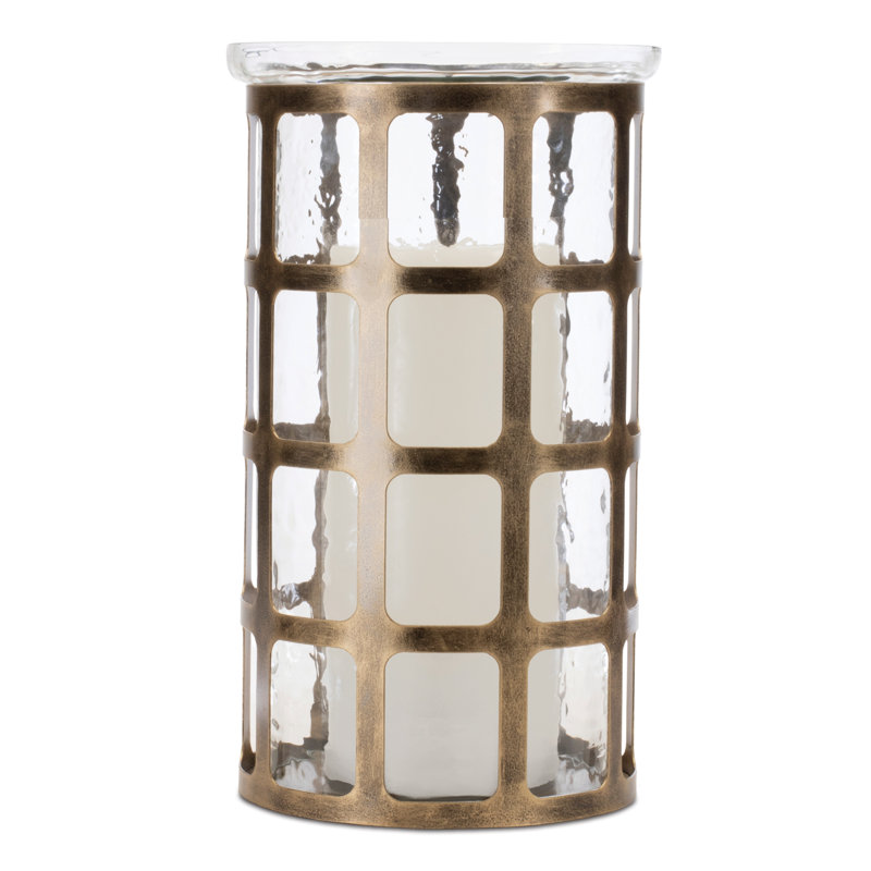 Bougeoir en verre ondulé avec cadre en métal vieilli, H 12,25 po x l 7,50 po x P 7,50 po