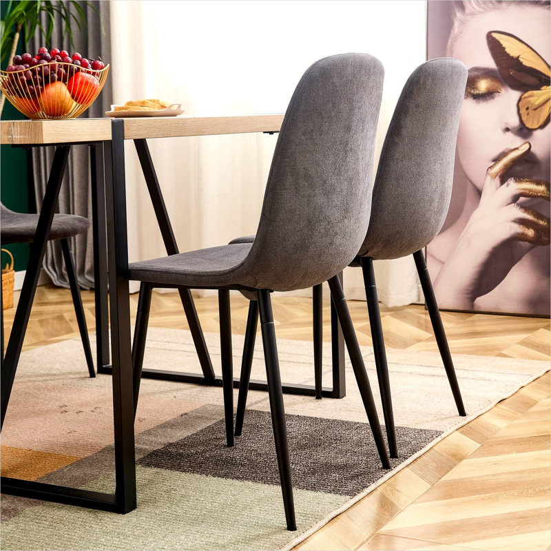 Ensemble de chaises d'appoint pour salle à manger, revêtement classique en lin et coton gris, pieds en métal noir, ensemble de 6