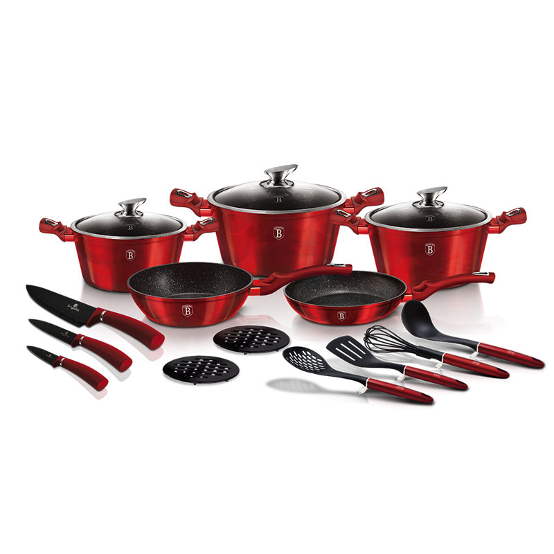 17 - Piece Non-Stick Aluminum Cookware Set, Red