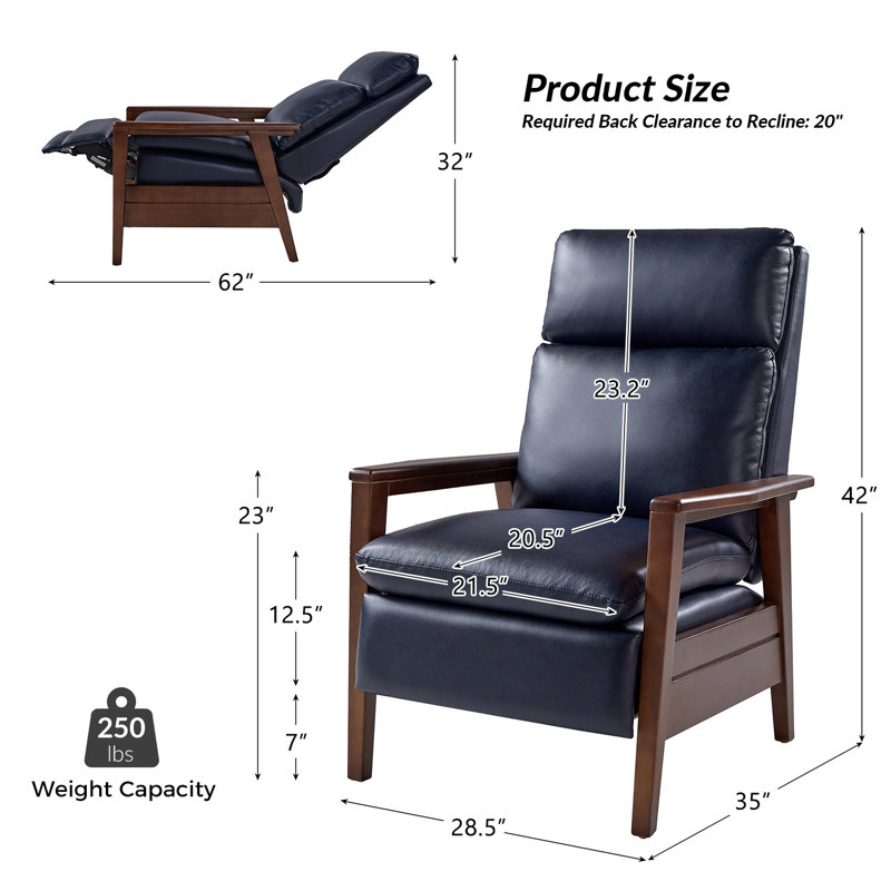 Branstetter 28.5" W Faux Leather Push-Back Recliner, Navy Pebbled Faux Leather