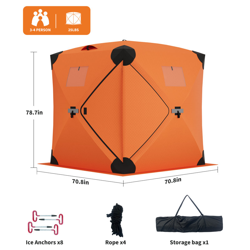 Abri de pêche sur glace pliable et isolé, abri portatif de type cabane, coupe-vent et chaud pour 3 à 4 personnes, orange, 1,77 m x 1,77 m x 2 m