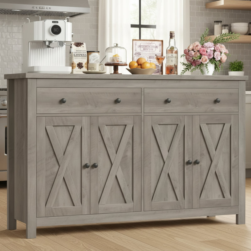 Gray Kitchen Sideboard, 4 Doors, 2 Drawers, Large Capacity, Adjustable Shelves., Gray