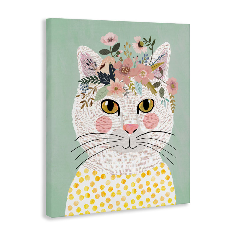 Chat blanc ludique avec toile en fleurs, design par Mia Charro, H 20 po x l 16 po