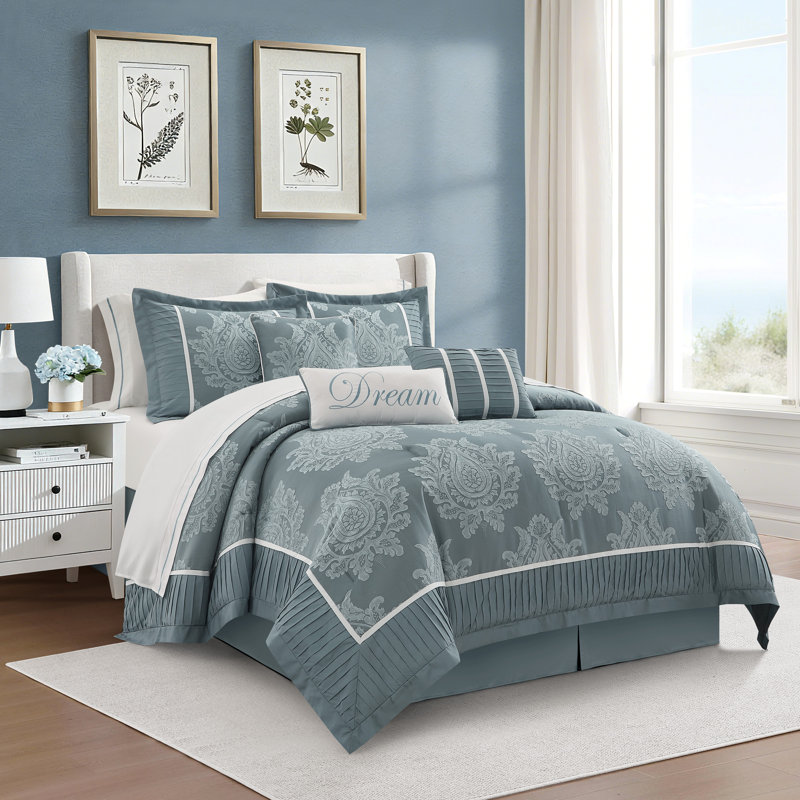 Therese Microfiber Jacquard 15 Piece Comforter Set, Blue, California King