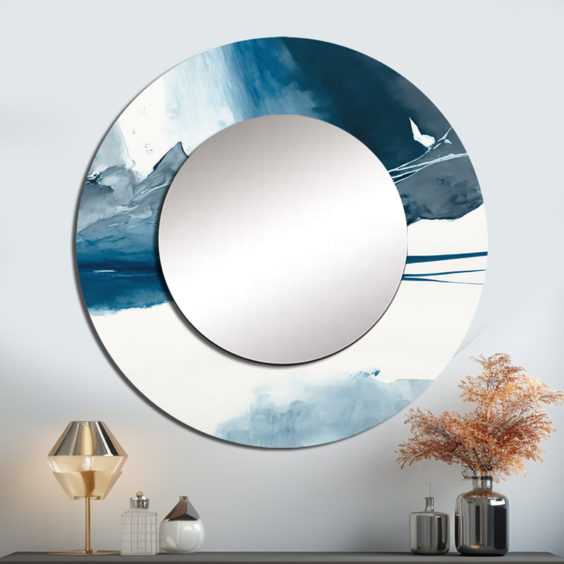 Imperial Blue Solitude I - miroir unique à encre liquide, grand miroir mural rond moderne, impression d'art en métal