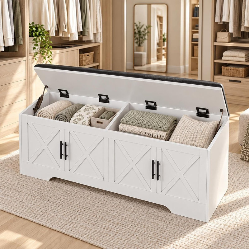 Banc de rangement avec repose-pieds blanc avec couvercle relevable, siège rembourré, mécanisme de fermeture lente et rangement pour couvertures spacieux