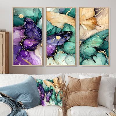 Émeraude et mauve papillon, composition II - ensemble d'art mural papillon