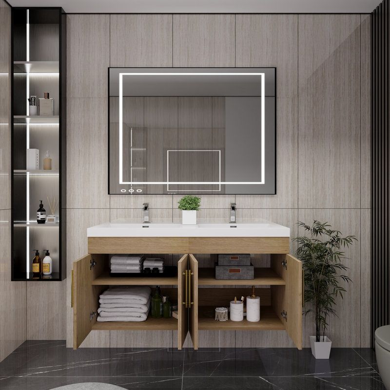 Meuble-lavabo double autoportant 48 po avec plateau en acrylique 48 po, Chêne blanc