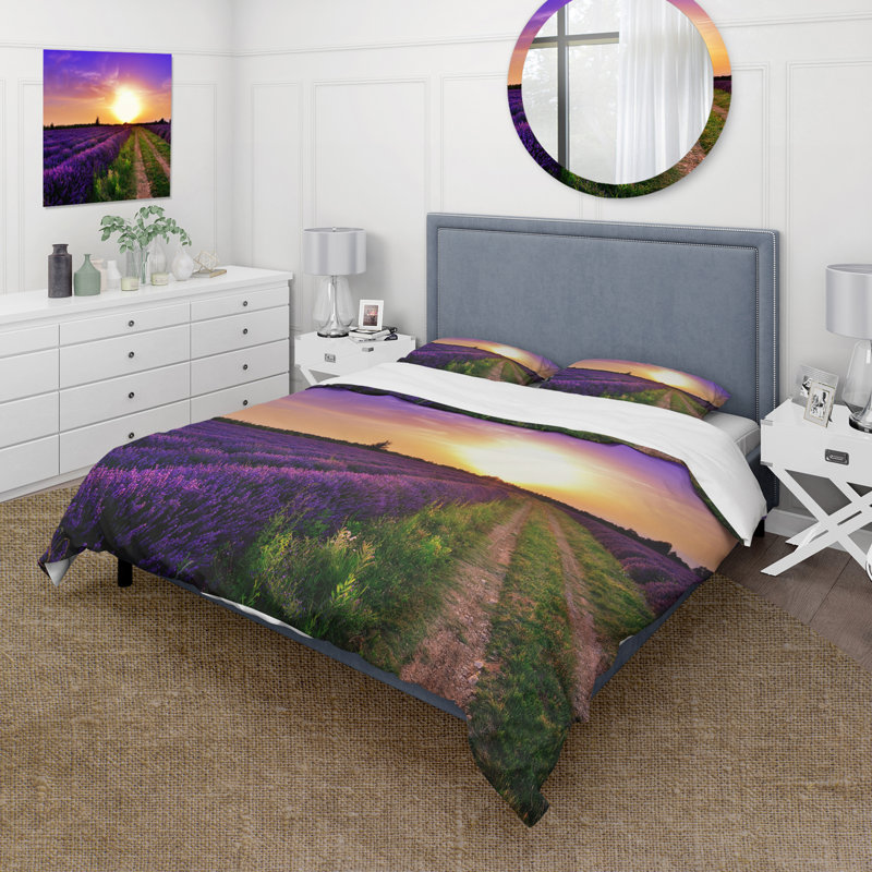Lavande Field At Dawn II - Ensemble de housse de couette Farmhouse - Microfibre de polyester