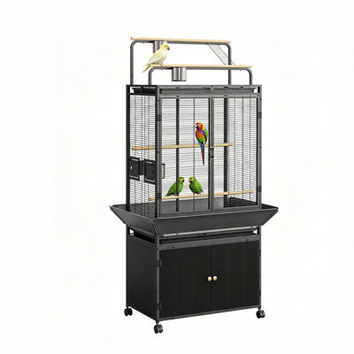 Large Bird Cage, 71" h Rolling Birdcage with Play Top & Storage Cabinet, Wood Parakeet Cage for Macaw Parakeet Parrot Cockatiel Budgie