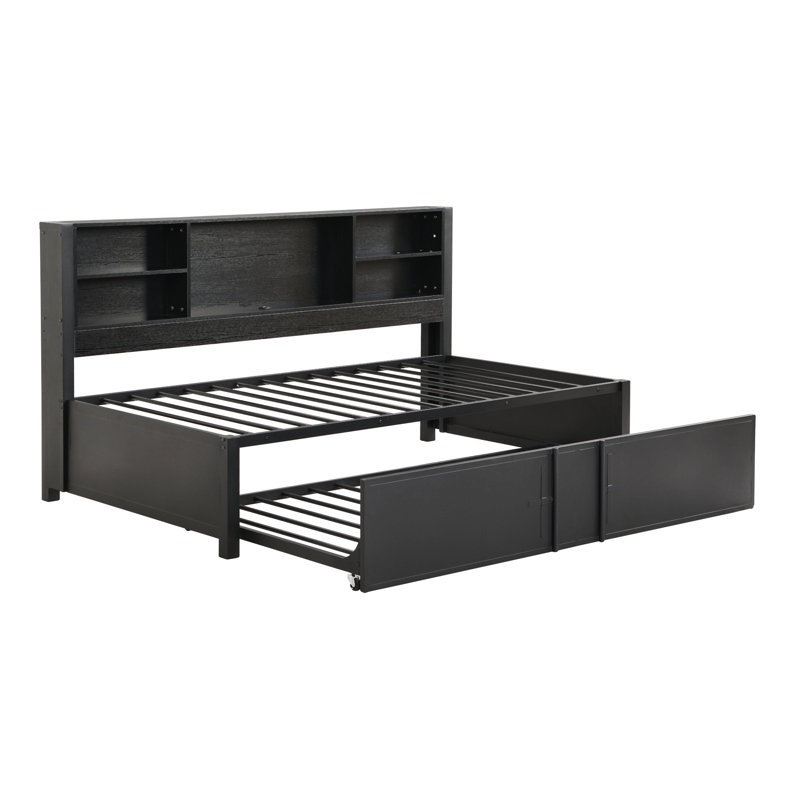 Lit de jour simple en métal avec lit gigogne simple, tablettes de rangement et ports USB, Noir