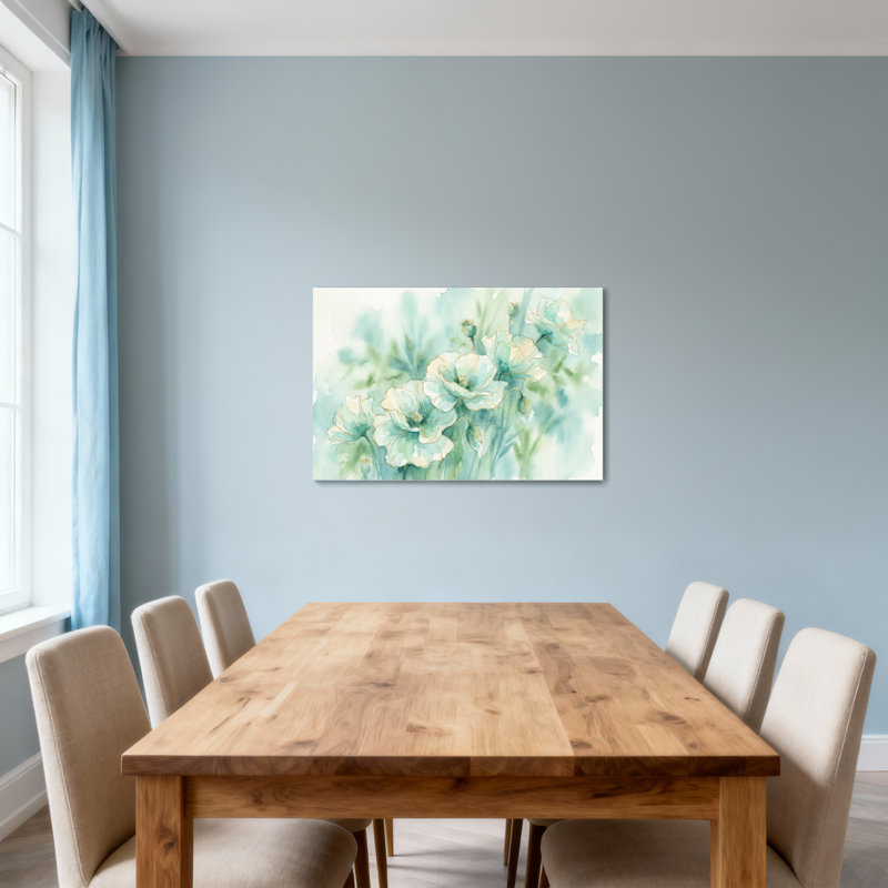 Plantes et fleurs à l'aquarelle sur fond bleu-vert doux, H 28 po x l 40 po