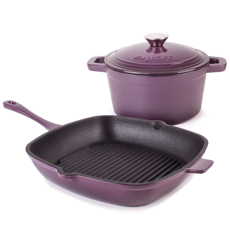 Batterie de cuisine en fonte 3 pièces BergHOFF Neo, poêle gril et cocotte ronde, mauve