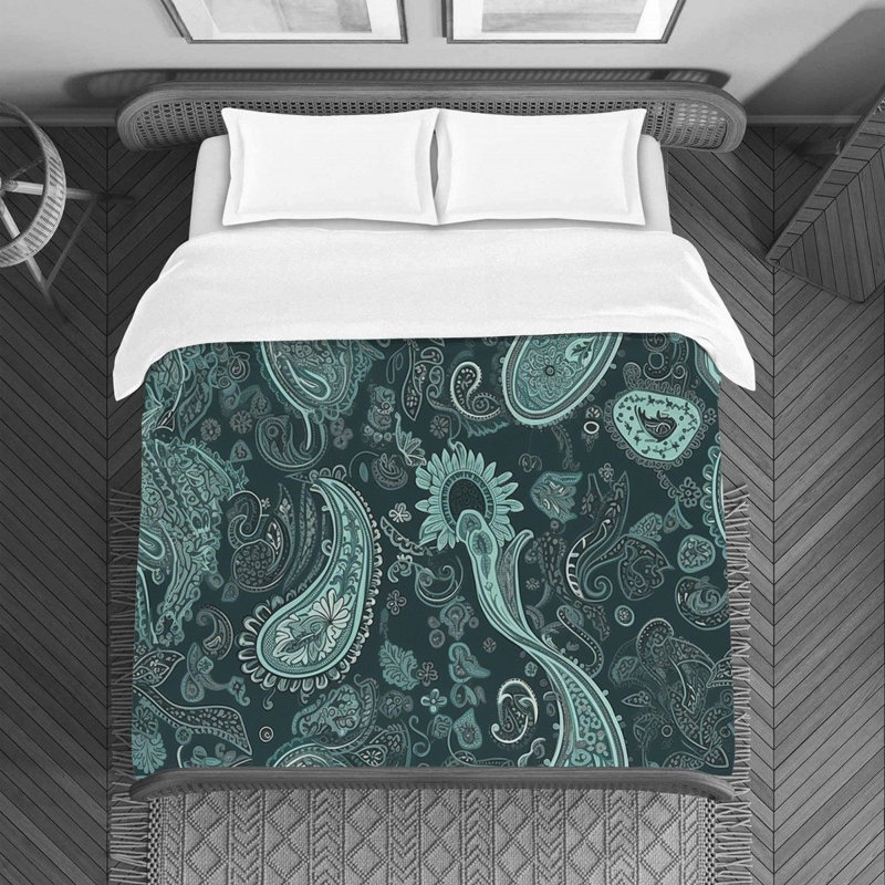 Housse de couette en microfibre à motif cachemire gris / turquoise, Housse de couette grand