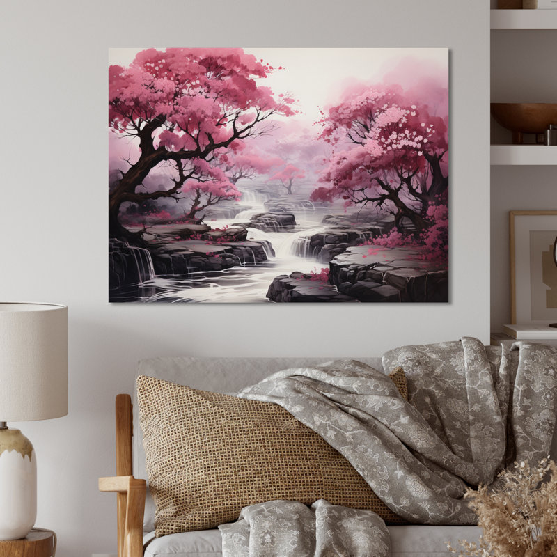 Décoration murale en métal «Pink Trees Waterfall Endless Journey», H 34 po x l 44 po