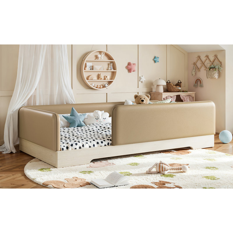 Lit simple tapissier pour enfants, cadre de lit Montessori en similicuir avec garde-corps amovibles, lit plateforme à profil bas pour garçons filles, brun