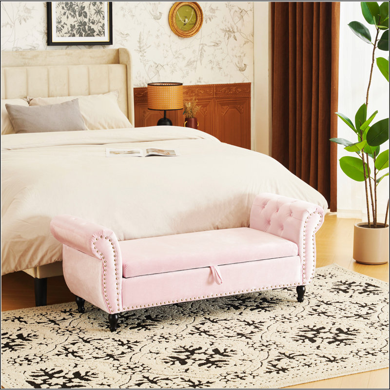 Banc de rangement en velours Bentlee , Rose pastel